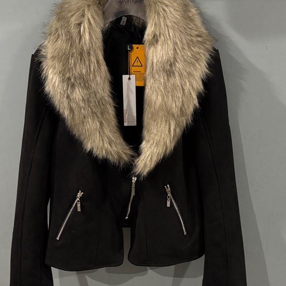 Love Token Black Leather Jacket with Faux Fur Collar - Picture 2 of 5